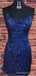 Spaghetti Straps Backless Navy Blue Sequins Short Homecoming Dresses, HM1002