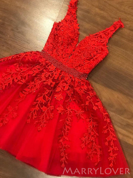 A-line Red Tulle V-neck Appliques Short Homecoming Dresses, HM1003 –  MarryLover