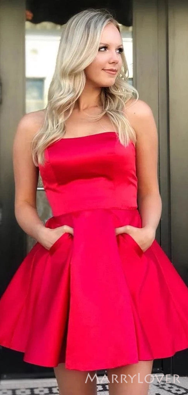A-line Red Satin Strapless Short Homecoming Dresses, HM1005 MarryLover A-line Red Satin Strapless Short Homecoming Dresses, HM1005 MarryLover