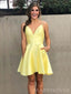 Yellow Satin Spaghetti Straps Short V-neck Homecoming Dresses, HM1009