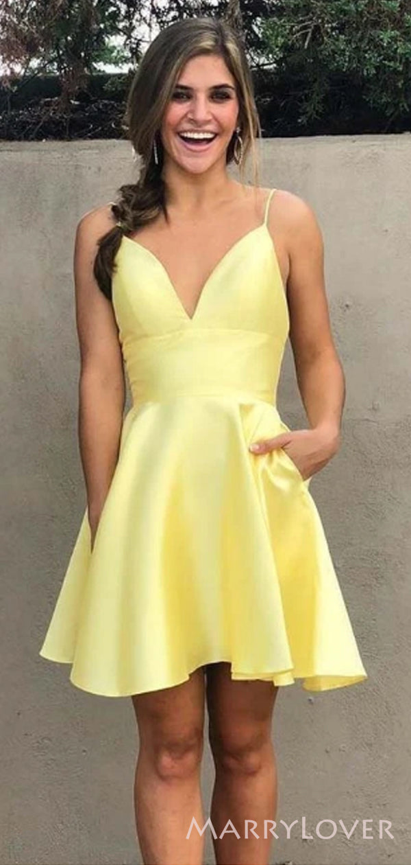 yellow satin homecoming dress Navy Blue Spaghetti Straps Satin Pleated A-Line Homecoming Dress with Bow Yellow / 18