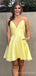 Yellow Satin Spaghetti Straps Short V-neck Homecoming Dresses, HM1009