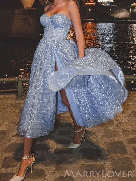 A-line Dusty Blue Sparkly Short Side Slit Strapless Homecoming Dresses – MarryLover