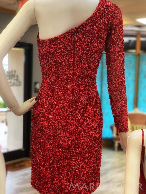 One Shoulder Long Sleeves Red Sequins Short Homecoming Dresses, HM1013