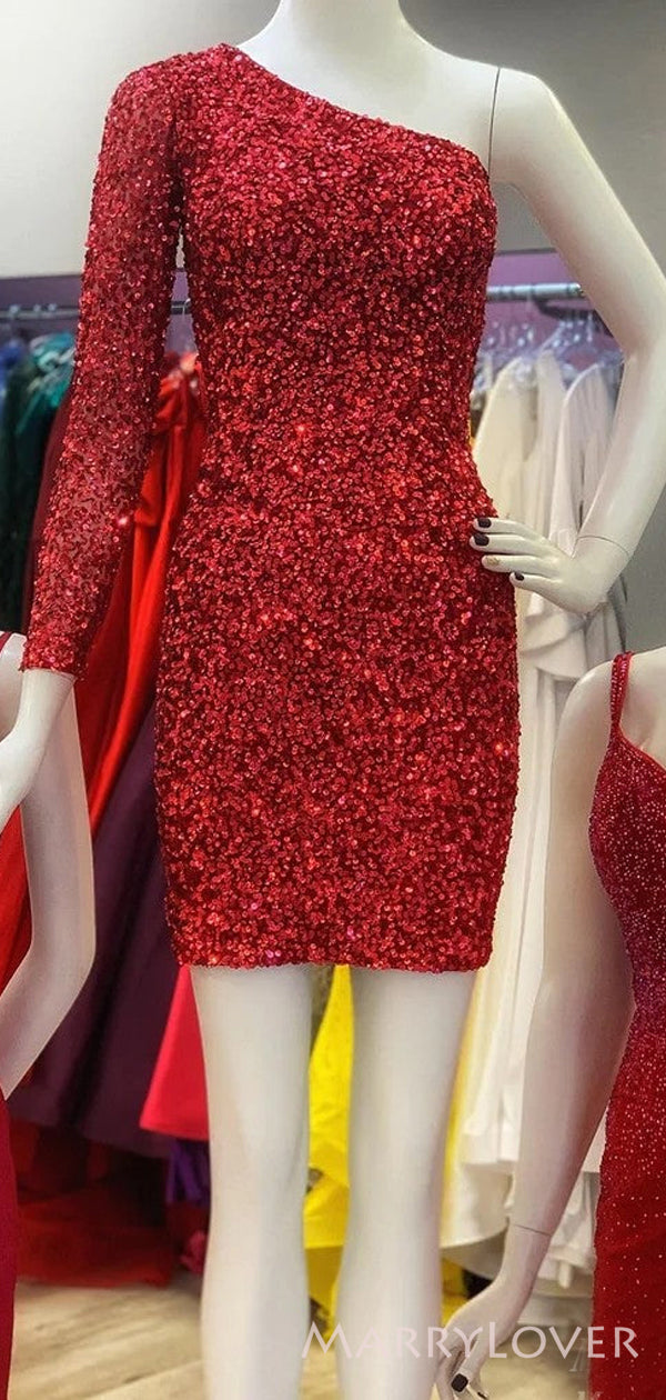 One Shoulder Long Sleeves Red Sequins Short Homecoming Dresses, HM1013 MarryLover One Shoulder Long Sleeves Red Sequins Short Homecoming Dresses, HM1013 MarryLover