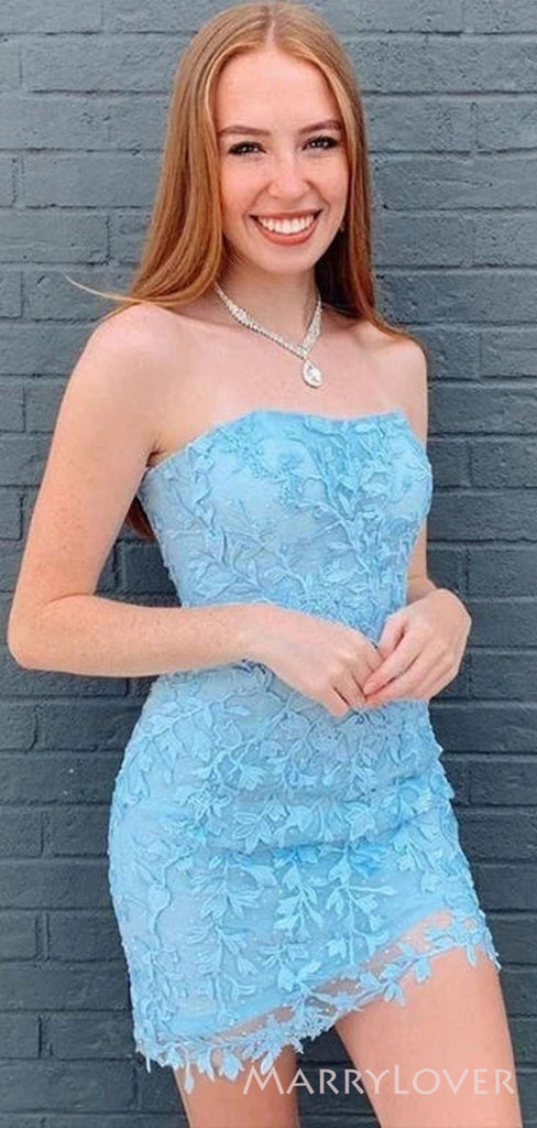 Blue Tulle Appliques Strapless Backless Short Homecoming Dresses, HM1014