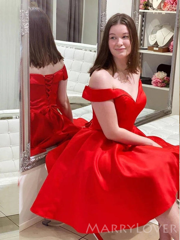 Red Satin A-line Off Shoulder Sweet Heart Short Homecoming Dresses, HM MarryLover Red Satin A-line Off Shoulder Sweet Heart Short Homecoming Dresses, HM MarryLover
