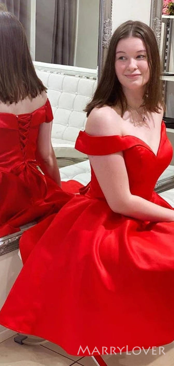 Red Satin A-line Off Shoulder Sweet Heart Short Homecoming Dresses, HM MarryLover Red Satin A-line Off Shoulder Sweet Heart Short Homecoming Dresses, HM MarryLover