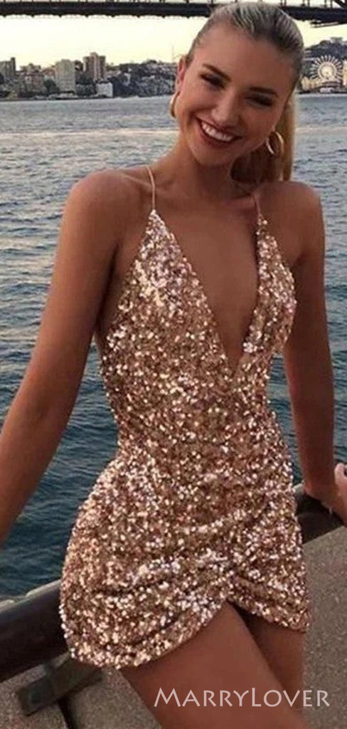 Sexy Deep V-neck Spaghetti Straps Sequins Short Backless Homecoming Dresses, HM1023
