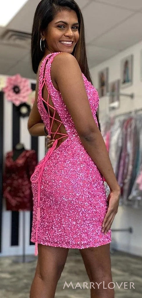 One Shoulder Hot Pink Sequins Short Backless Homecoming Dresses, HM1024