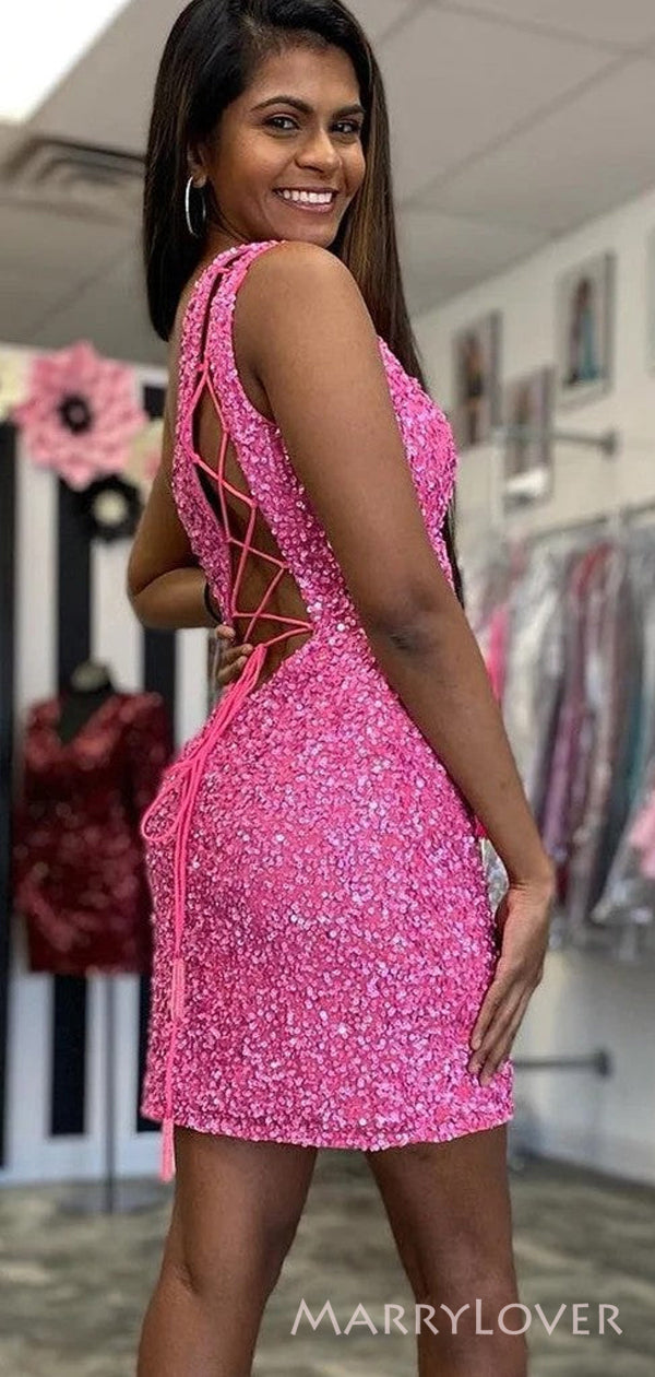 One Shoulder Hot Pink Sequins Short Backless Homecoming Dresses, HM102 MarryLover One Shoulder Hot Pink Sequins Short Backless Homecoming Dresses, HM102 MarryLover