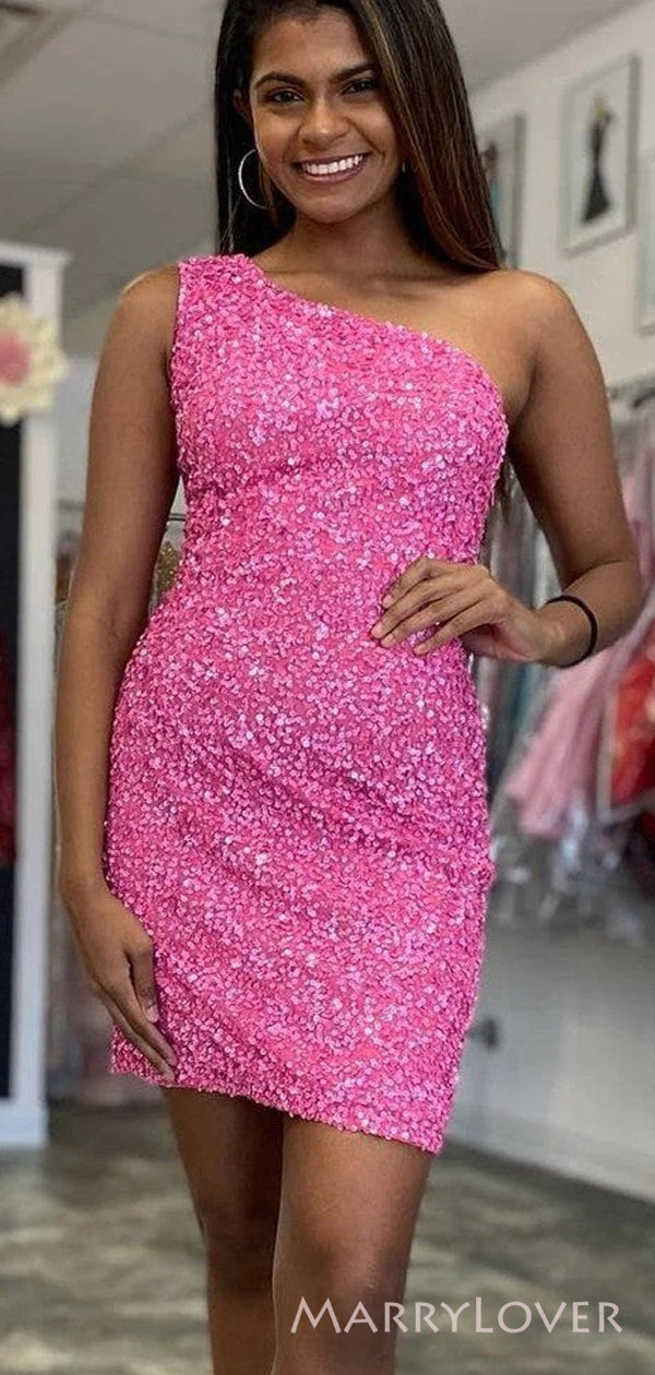 One Shoulder Hot Pink Sequins Short Backless Homecoming Dresses, HM102 MarryLover One Shoulder Hot Pink Sequins Short Backless Homecoming Dresses, HM102 MarryLover