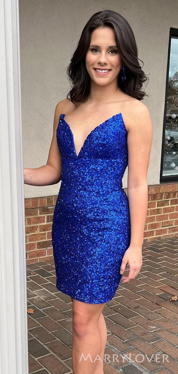 Simple Strapless Royal Blue Sequins Short V-neck Homecoming Dresses, H MarryLover Simple Strapless Royal Blue Sequins Short V-neck Homecoming Dresses, H MarryLover