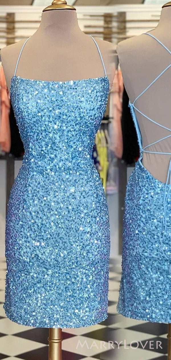 Blue Sequins Spaghetti Straps Short Backless Homecoming Dresses, HM103 MarryLover Blue Sequins Spaghetti Straps Short Backless Homecoming Dresses, HM103 MarryLover