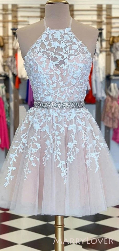 Champagne Tulle Appliques Beaded Short Halter Homecoming Dresses, HM1037