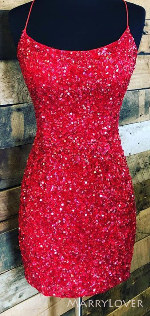 Red Sequins Spaghetti Straps Bateau Short Backless Homecoming Dresses, HM1038
