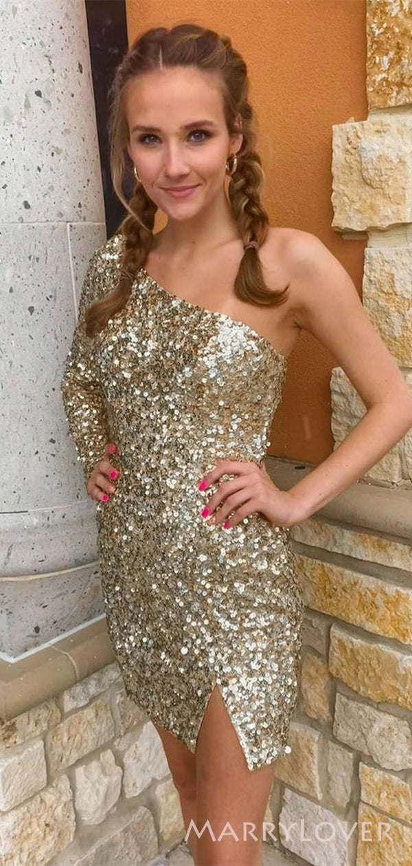 One Shoulder Long Sleeves Sequins Short Homecoming Dresses, HM1041 MarryLover One Shoulder Long Sleeves Sequins Short Homecoming Dresses, HM1041 MarryLover
