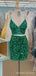 Two Pieces Green Sequins Spaghetti Straps V-neck Short Backless Homecoming Dresses, HM1042