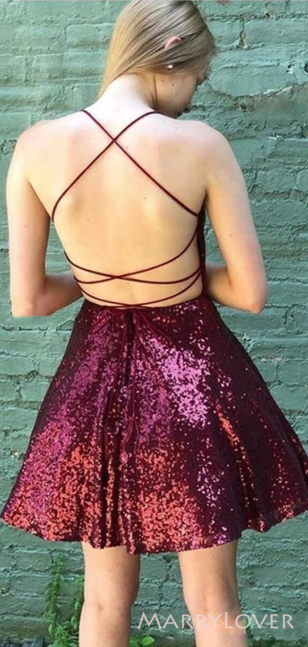 Burgundy Sequins Spaghetti Straps Short Backless Homecoming Dresses, H – MarryLover