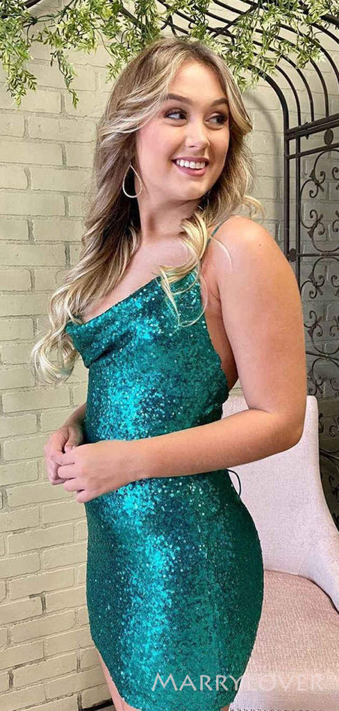 Simple Spaghetti Straps Green Sequins Short backless Homecoming Dresses, HM1049