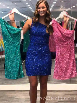 Simple One Shoulder Hot Pink Sequins Short Homecoming Dresses, HM1051