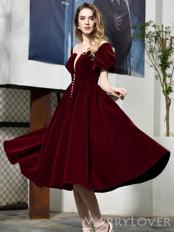 Dark red Velvet V-neck A-line Short Homecoming Dresses, HM1056 – MarryLover
