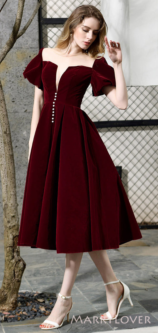h and m red velvet dress Dark red Velvet V-neck A-line Short Homecoming Dresses, HM1056