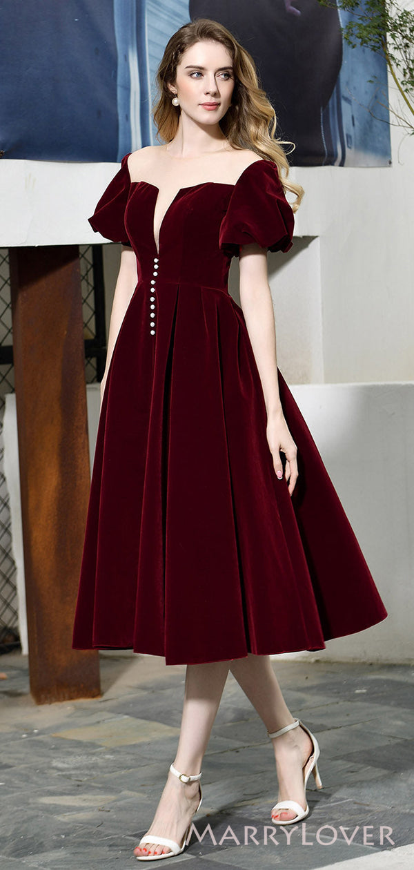 Dark red Velvet V-neck A-line Short Homecoming Dresses, HM1056 – MarryLover Dark red Velvet V-neck A-line Short Homecoming Dresses, HM1056 – MarryLover
