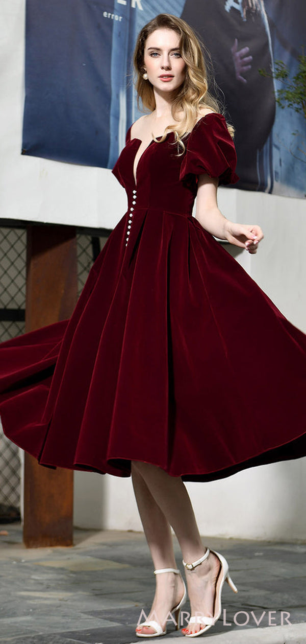 Dark red Velvet V-neck A-line Short Homecoming Dresses, HM1056 Dark red Velvet V-neck A-line Short Homecoming Dresses, HM1056