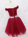 Red Tulle A-line Off Shoulder Beaded Short Homecoming Dresses, HM1059