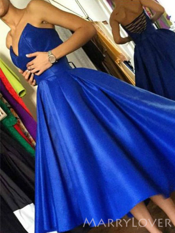 Royal Blue Satin Strapless A-line Short Backless Homecoming Dresses, H MarryLover Royal Blue Satin Strapless A-line Short Backless Homecoming Dresses, H MarryLover