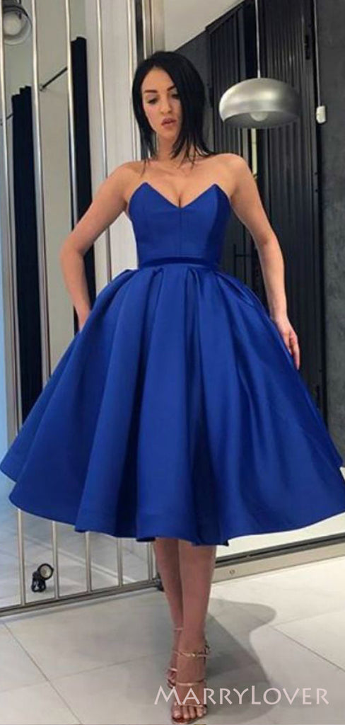 Royal Blue Satin Strapless A-line Short Backless Homecoming Dresses, HM1060