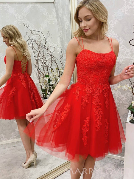 Red Tulle Appliques Spaghetti Straps A-line Short Backless Homecoming –  MarryLover