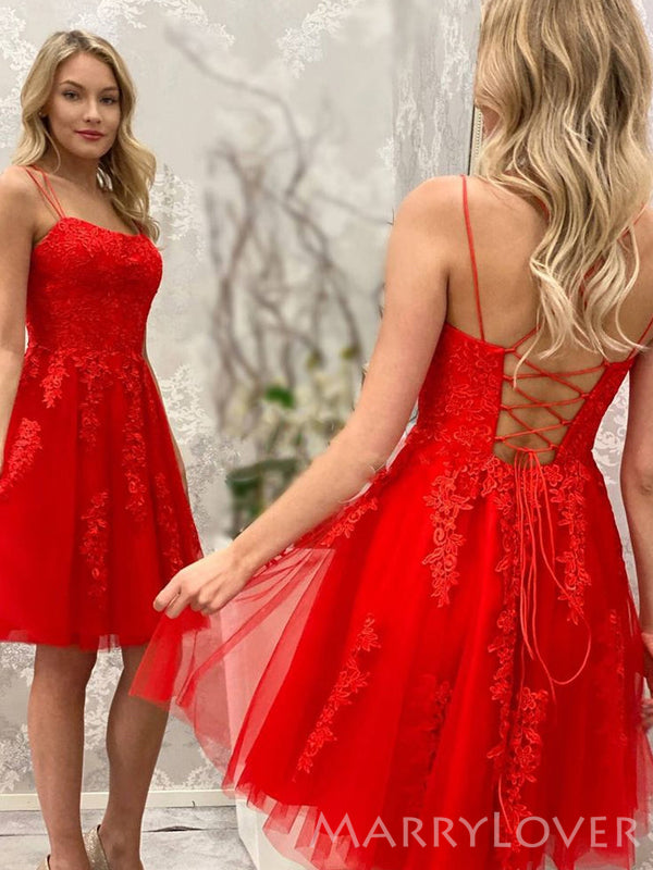 Red Tulle Appliques Spaghetti Straps A-line Short Backless Homecoming Dresses, HM1061