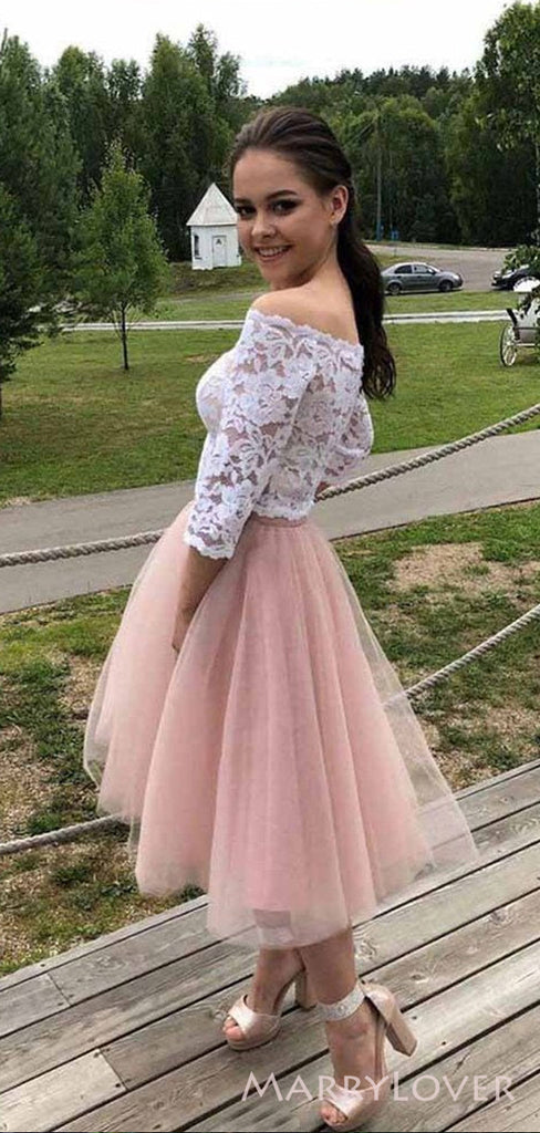 Two Pieces Off Shoulder Half Sleeves Short A-line Homecoming Dresses, HM1063