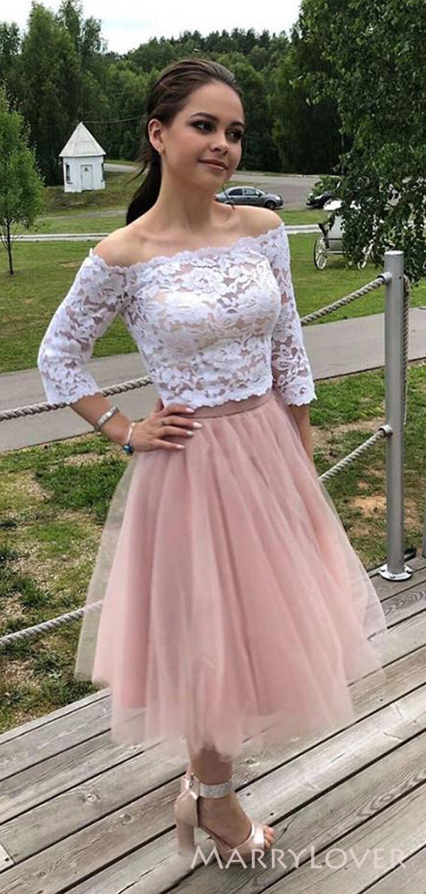 Two Pieces Off Shoulder Half Sleeves Short A-line Homecoming Dresses, MarryLover Two Pieces Off Shoulder Half Sleeves Short A-line Homecoming Dresses, MarryLover