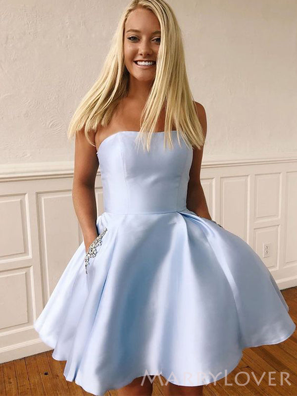 Sky Blue Satin Beaded Strapless A-line Short Backless Homecoming Dress – MarryLover