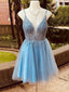 Spaghetti Straps Blue Tulle Beaded Homecoming Dresses, HM1081