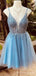 Spaghetti Straps Blue Tulle Beaded Homecoming Dresses, HM1081