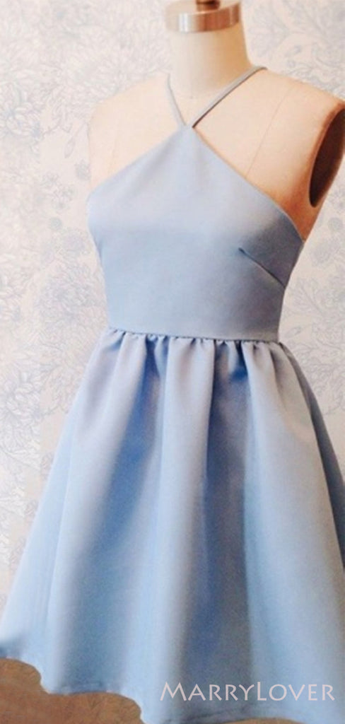 Blue Satin A-line Spaghetti Straps Short Homecoming Dresses, HM1084
