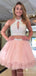 Two Pieces Halter Tulle Beaded A-line Short Homecoming Dresses, HM1089
