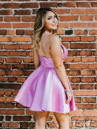 V-neck Spaghetti Straps Satin A-line Short Homecoming Dresses, HM1091