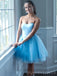 A-line Blue Tulle Strapless Short Homecoming Dresses, HM1100