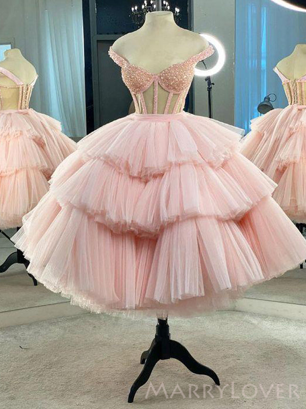 Pink Tulle Beaded A-line Spaghetti Straps Short Homecoming Dresses, HM MarryLover Pink Tulle Beaded A-line Spaghetti Straps Short Homecoming Dresses, HM MarryLover