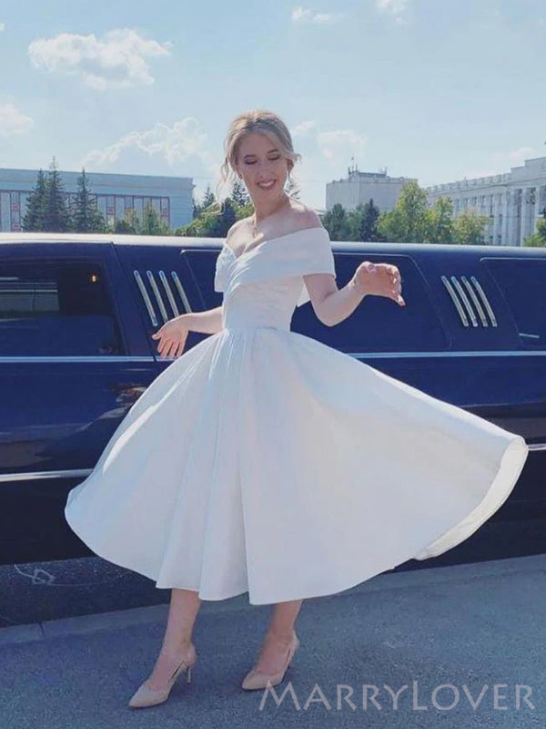 White Satin Off Shoulder A-line Short Homecoming Dresses, HM1111 – MarryLover