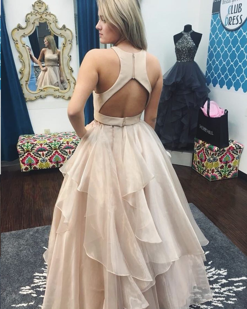 Two Pieces Floor-length Round Neck Open Back Beading Prom Dresses, PD0155
