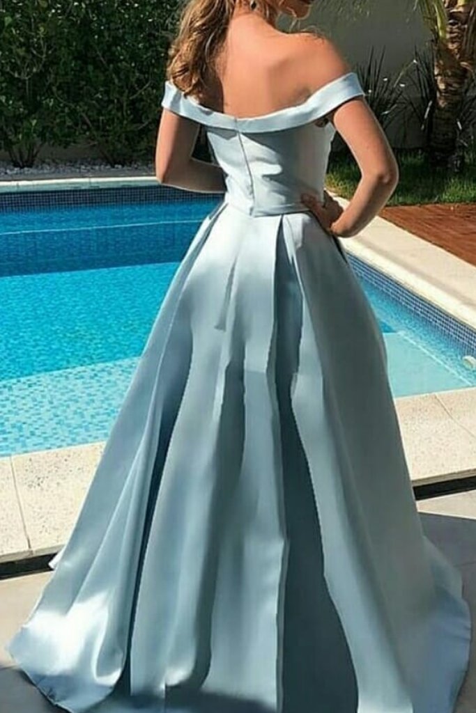 A-line Off-shoulder Simple Elegant Long Sky Blue Prom Dresses, PD0569