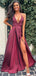 A-Line V Neck Open Back Burgundy evening Long Prom Dresses , MR7010