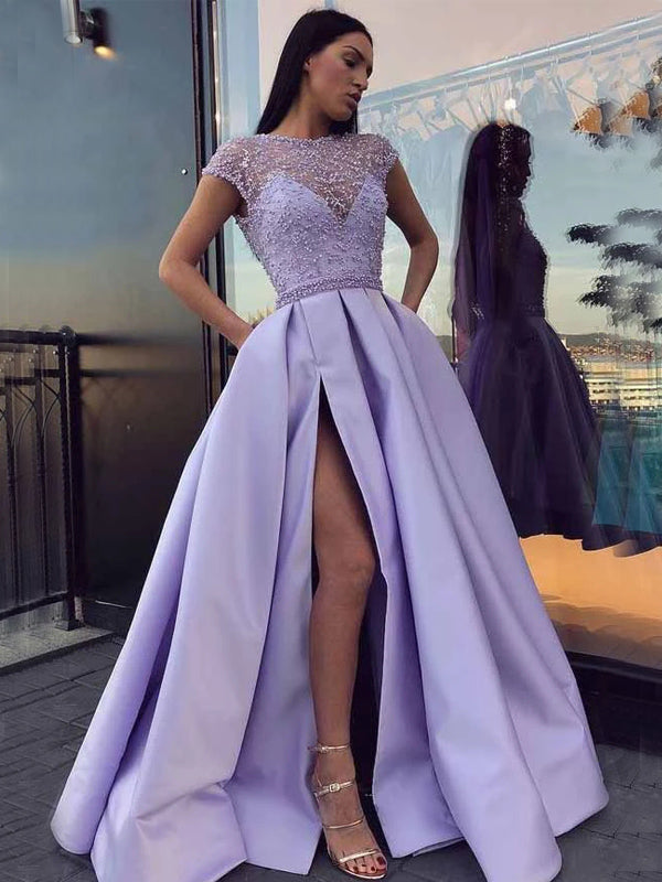 Light Purple Formal Satin Long Prom Dresses With Sleeves, MR7012