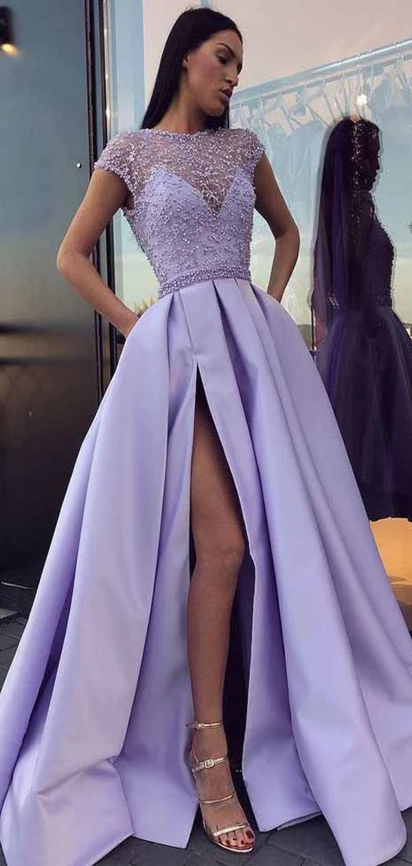 Light Purple Formal Satin Long Prom Dresses With Sleeves, MR7012 MarryLover Light Purple Formal Satin Long Prom Dresses With Sleeves, MR7012 MarryLover